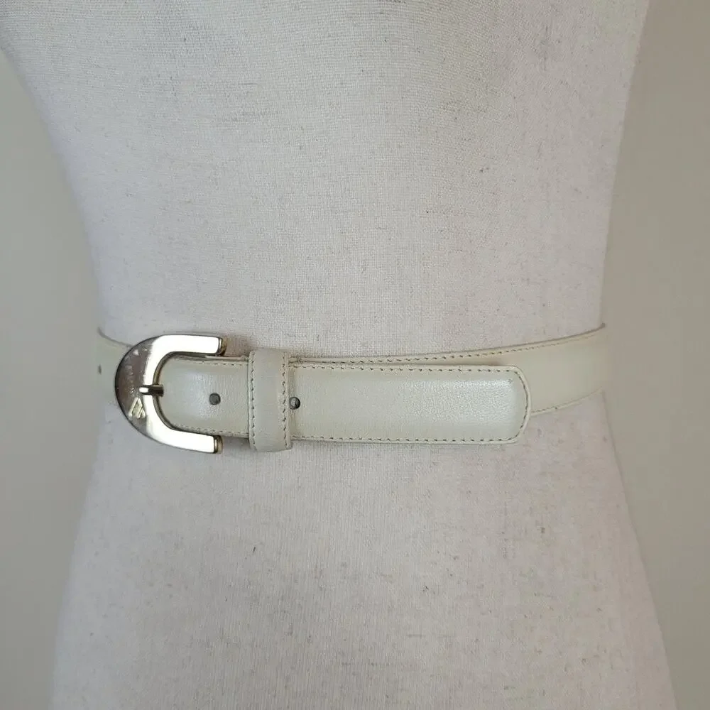 Vintage Liz Claiborne‎ Belt Large Cream Leather Gold Buckle Dress Classic 90s